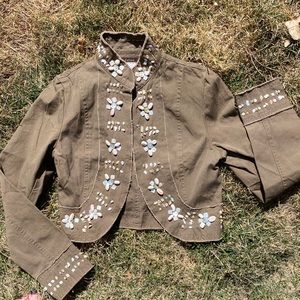 Shell Embellished Crop Top Jacket Sage Tan Small